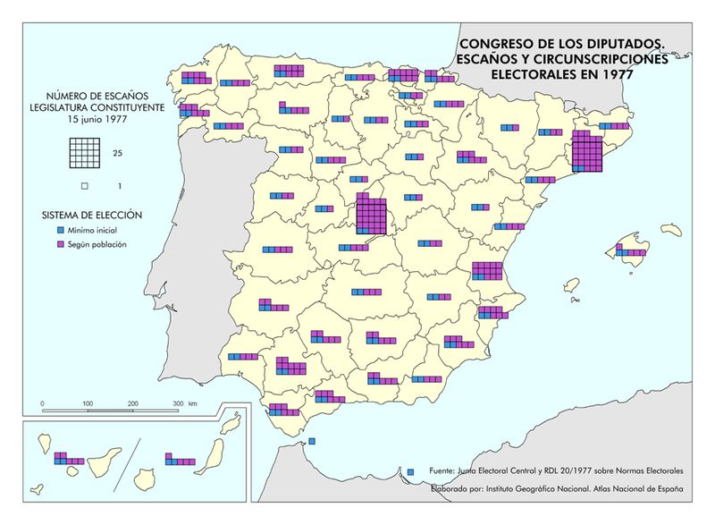 Archivo:Espana Congreso-de-los-Diputados.-Escanos-y-circunscripciones-electorales-en-1977 1977 mapa 16108 spa.jpg