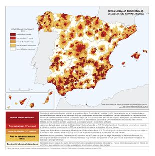Mapa: Áreas urbanas funcionales. Delimitación administrativa. 2018. España.  PDF. Datos.
