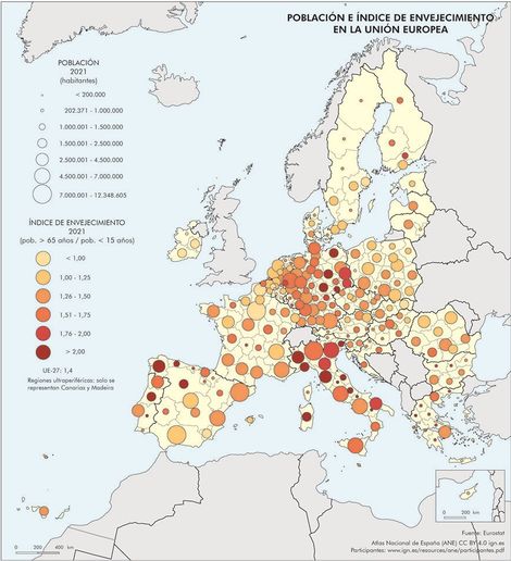 Mapa: Población e índice de envejecimiento en la Unión Europea. 2021. Europa.  PDF. Datos.